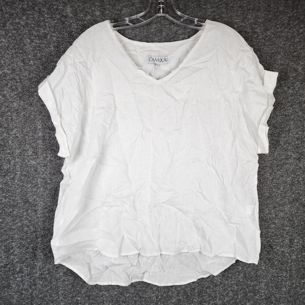 Camixa Linen Blouse Women Large White V-Neck Short Sleeve Relaxed Fit Top